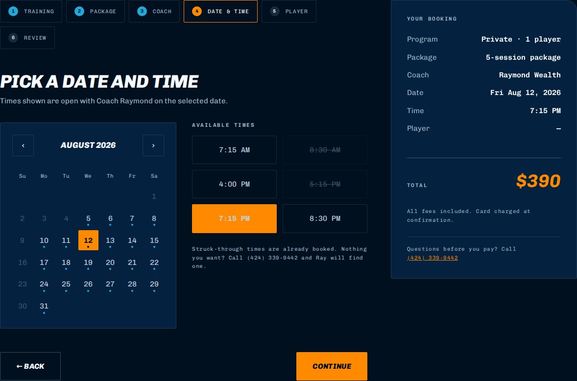 The booking flow on a trainer site: calendar, available times and a running price summary